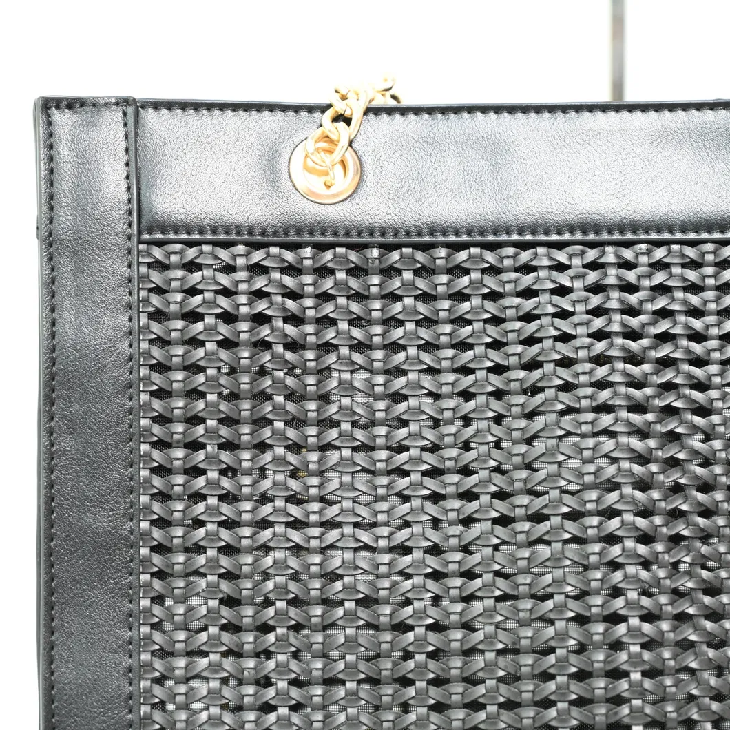 Chic Black Woven Tote Bag with Elegant Gold Chain Accents for Modern