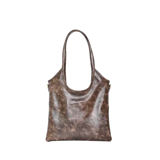 Vintage Brown Textured Women′s Shoulder Tote Bag for Everyday Use