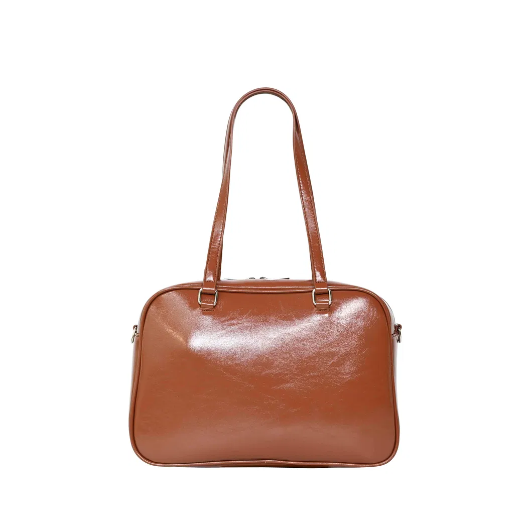 Stylish Brown Glossy PU Leather Tote Bag for Women