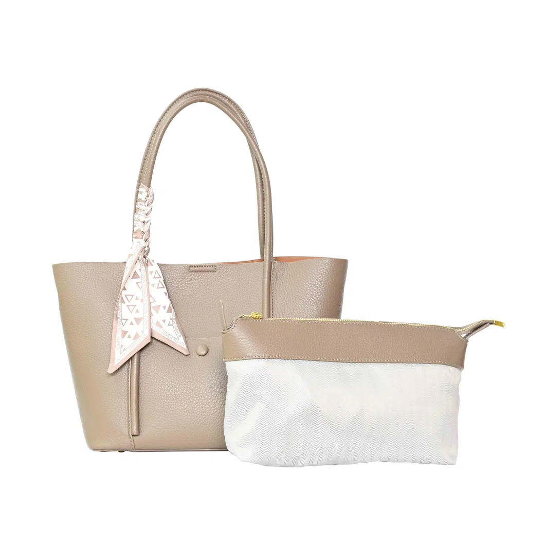 Minimalist-Style Light Brown Leather Tote Bag with a Silk Scarf Accent Elegant Shoulder Underarm Bag