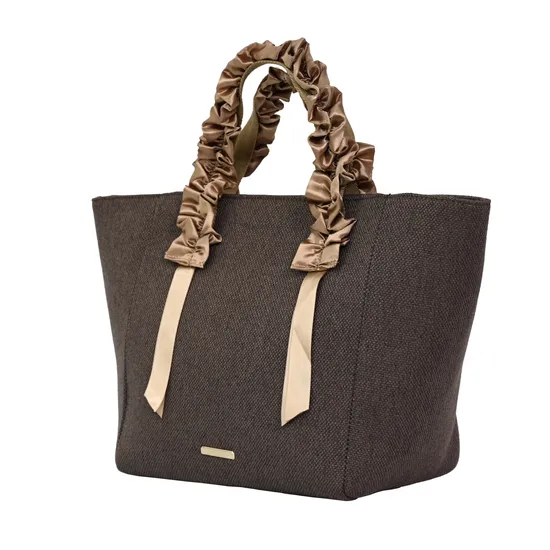 Stylish Women′s Tote Bag with Elegant Brown Ribbon Detail