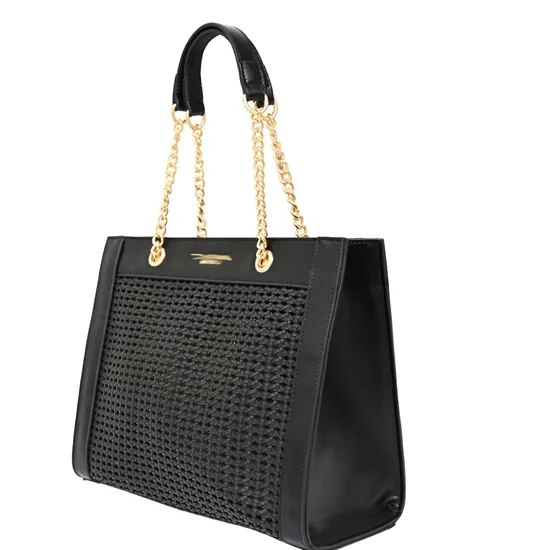 Chic Black Woven Women′s Shopping Bag with Elegant Gold Chain