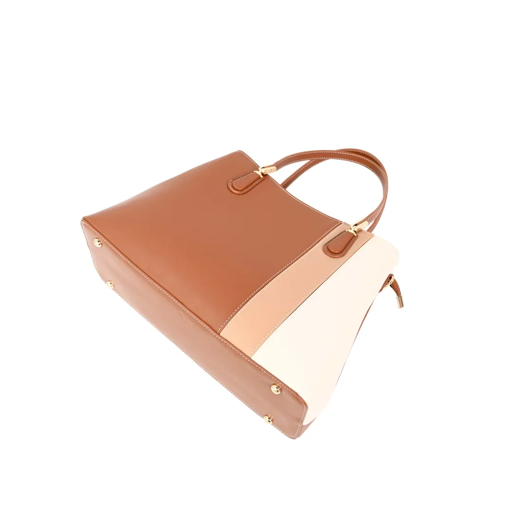 a Fashionable and Simple Ladies&prime; Handbag with Beige and Brown Splicing